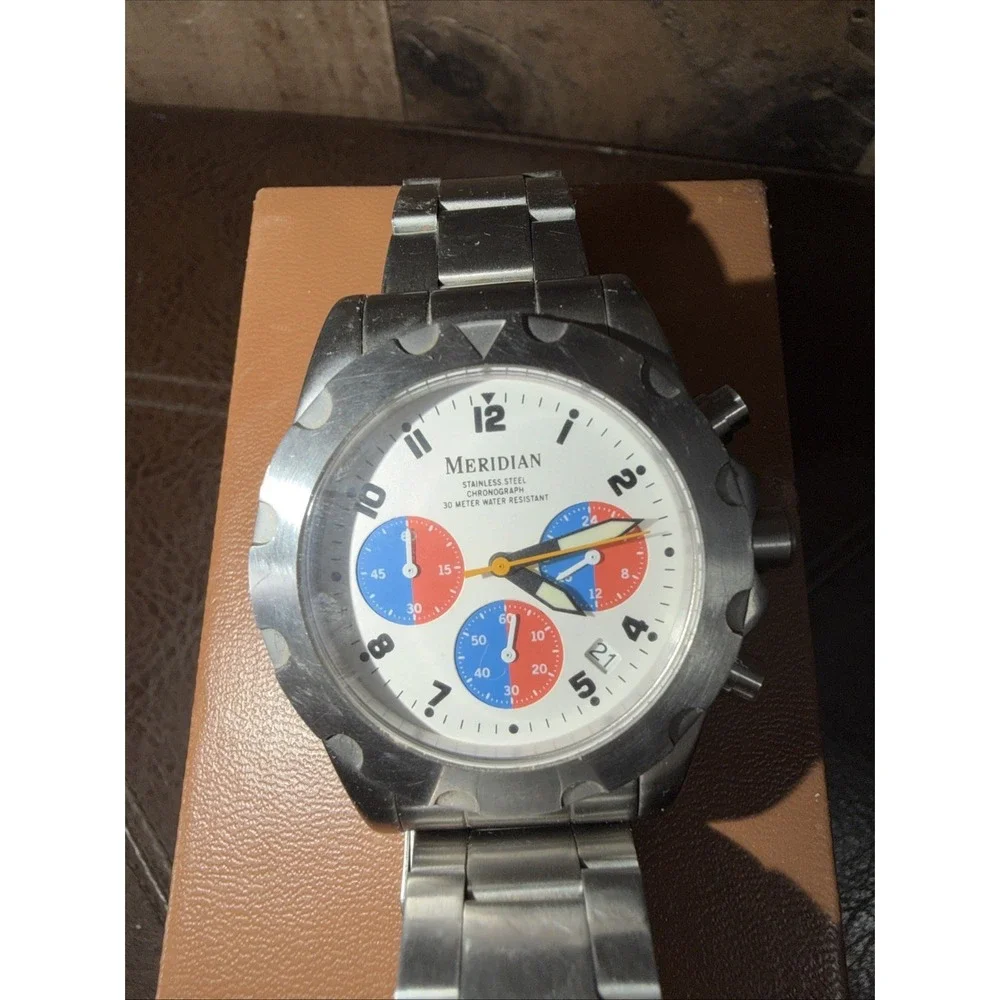 Meridian Men's Chronograph‎ Watch Stainless Steel White Dial 30M Water Resistant